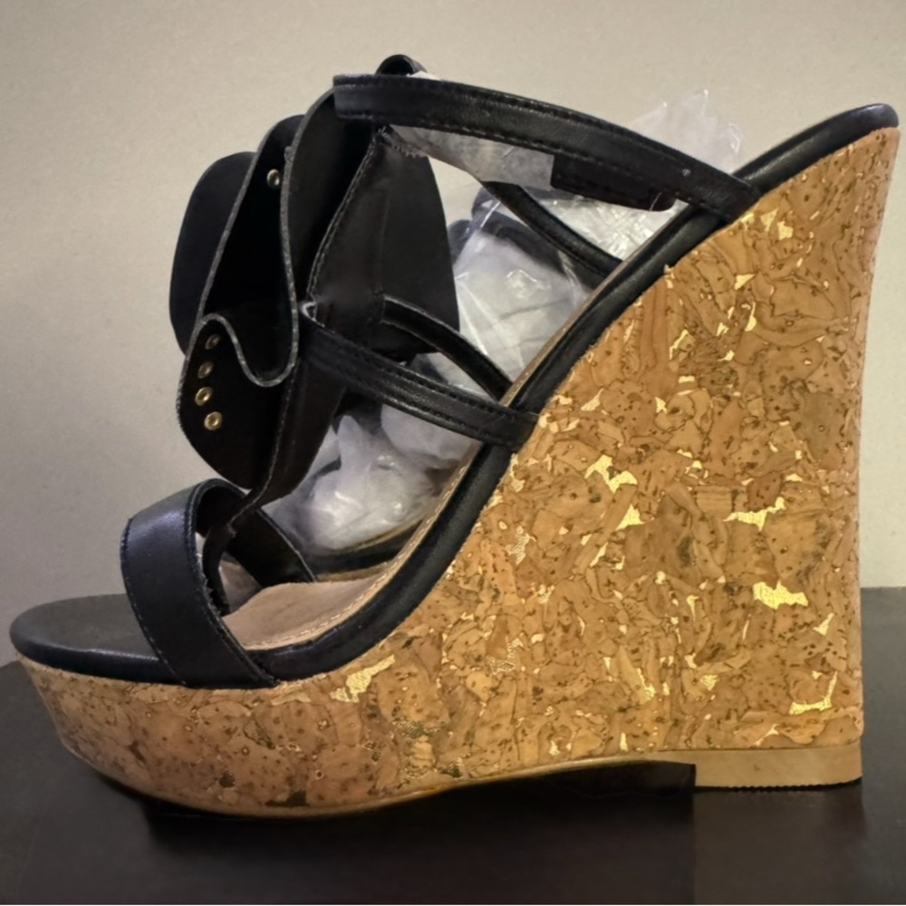 Colin Stuart Black Cork Wedge Sandals Platform Heels US 6.5 NIB